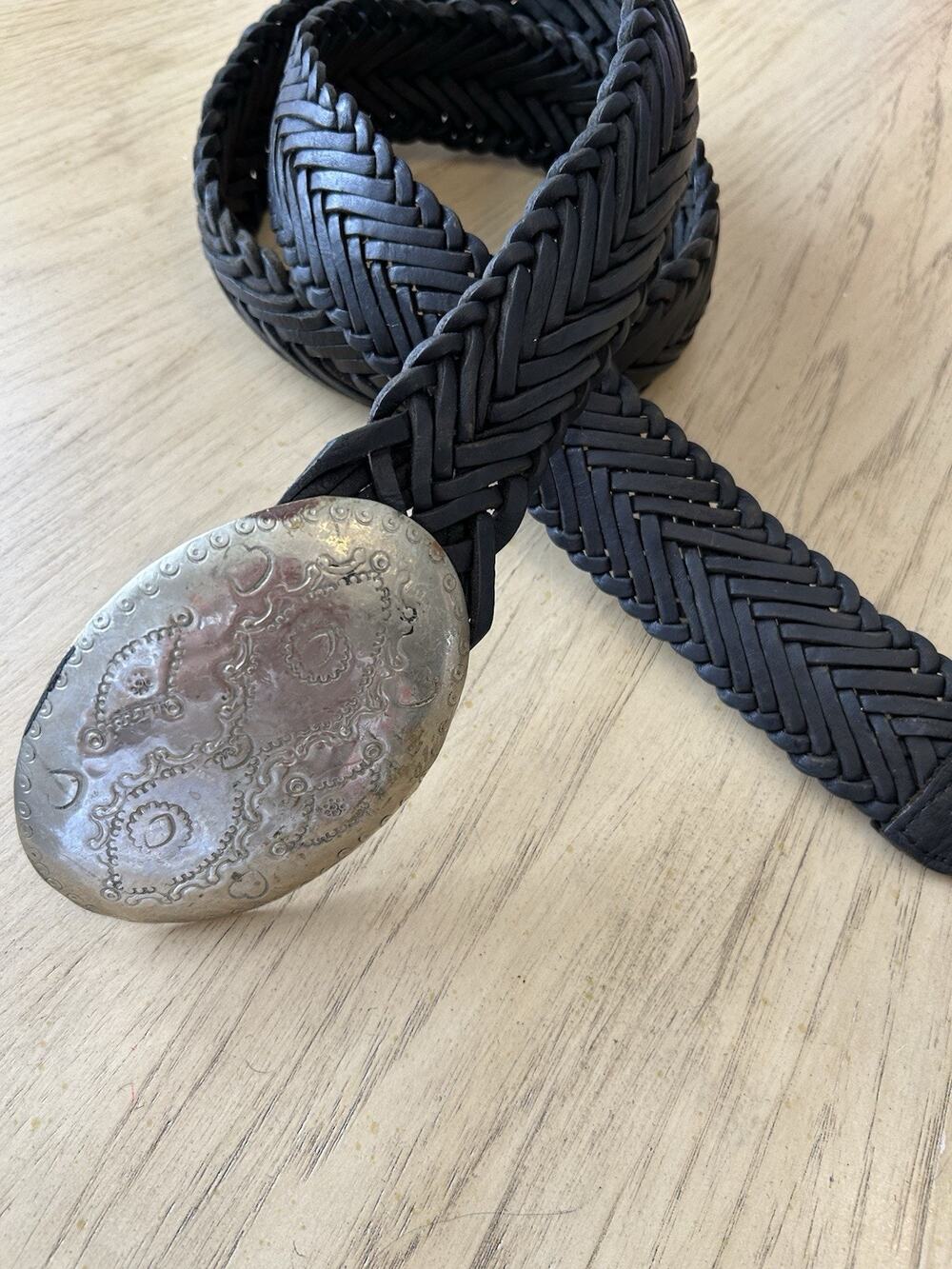 VTG 70s Moroccan Belt Boho Braided Leather BLACK Handmade Silver Buckle Gypsy